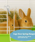 Front view of white rabbit cage showing metal finger spring latch hook installed; 40-pack for small animal cages.