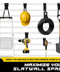 40 Piece Slatwall Organizer Kit With Hooks Shelves Baskets Bins Cups And Straps Plus Mounting Screws For Heavy Duty Garage Workshop And Utility Room Storage showing installed tools and ladder on slatwall.