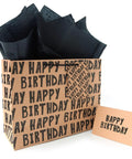 Large Kraft Birthday Gift Bag Set With Classic Black Happy Birthday Lettering Includes Greeting Card Hang Tag Kraft Envelope And Tissue Paper All In One Gift Kit For Men Boys And Kids, featuring black tissue paper and greeting card