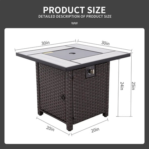 30 Inch Wicker Patio Fire Pit Table With Fire Glass For Outdoor Parties And Gatherings In Garden Backyard Porch Hangout Ready 50000 BTU Rust Resistant Steel Frame Included, showing 30x30 inch dimensions.