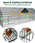 Weatherproof Outdoor Chicken Coop With Heavy Duty Cover, Portable Metal Run Pen, wire mesh with perch rails and chickens inside.