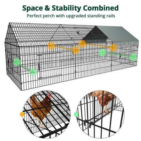 Weatherproof Outdoor Chicken Coop With Heavy Duty Cover, Portable Metal Run Pen, wire mesh with perch rails and chickens inside.