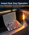 Open 40 Piece Tire Repair Kit With Screwdriver No Glue Needed Rubber Plugs For Cars And Motorcycles in car trunk at night