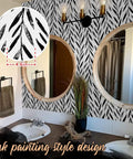 Black And White Peel And Stick Wallpaper Leaf Contact Paper 17.7 Inch By 590.4 Inch For Bathroom And Living Spaces Self Adhesive Decorative Wallpaper Easy Install Oriental Ink Style Slick Modern Vibe 72.5 Sq Ft applied in a bathroom with dual mirrors