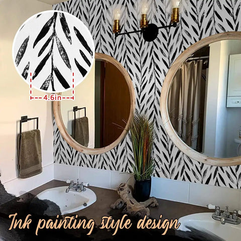 Black And White Peel And Stick Wallpaper Leaf Contact Paper 17.7 Inch By 590.4 Inch For Bathroom And Living Spaces Self Adhesive Decorative Wallpaper Easy Install Oriental Ink Style Slick Modern Vibe 72.5 Sq Ft applied in a bathroom with dual mirrors
