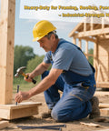 Builder using industrial-strength nails for framing on construction site with text on image promoting heavy-duty nails