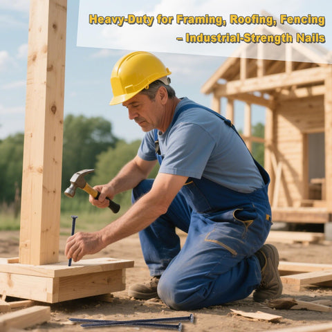 Builder using industrial-strength nails for framing on construction site with text on image promoting heavy-duty nails