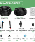 Quick Connect Drip Irrigation Kit 200 Ft With Half Inch And Quarter Inch Tubing package contents displayed.