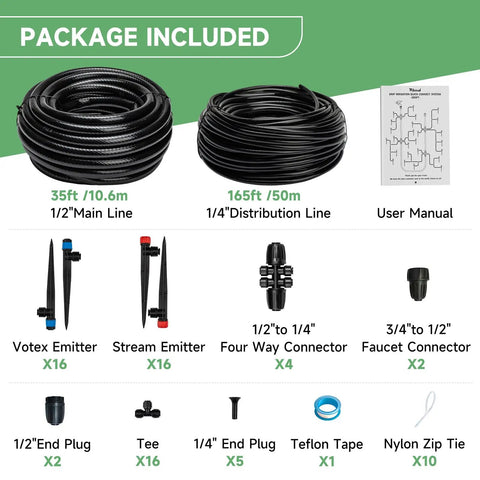 Quick Connect Drip Irrigation Kit 200 Ft With Half Inch And Quarter Inch Tubing package contents displayed.