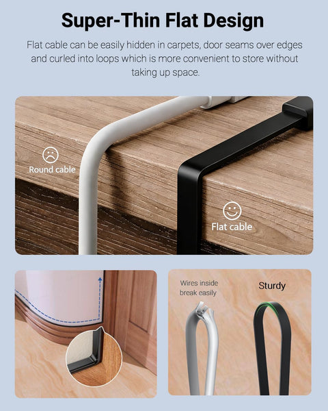 Cat 8 Ethernet Cable 10 Ft Black for Fast Home Network, comparison of flat and round cable designs, highlighting slimness.