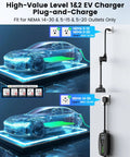 Road Ready Heavy Duty Level One And Two Electric Vehicle Wall Charger With Nema 14 30 Plug And J1772 Connector connected to an EV.