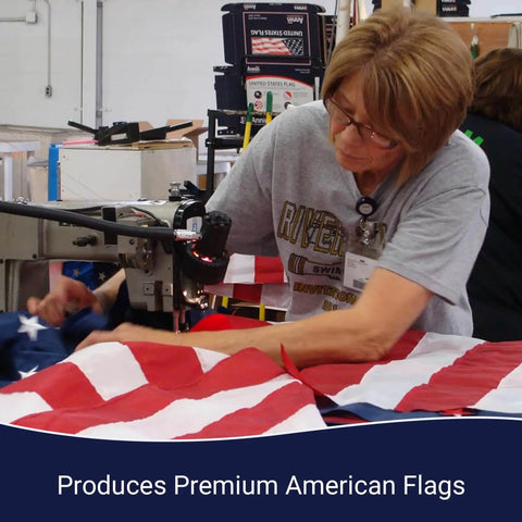 Worker sewing Tough As Nails 3x5 Ft US Flag For High Winds 420D Polyester With Brass Grommets Embroidered Stars And Sewn Stripes