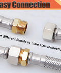 Brass 3/4 in NPT male to 1/4 in FNPT female reducer bushing with hex fittings on braided hose