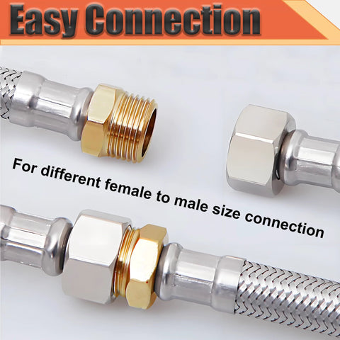 Brass 3/4 in NPT male to 1/4 in FNPT female reducer bushing with hex fittings on braided hose