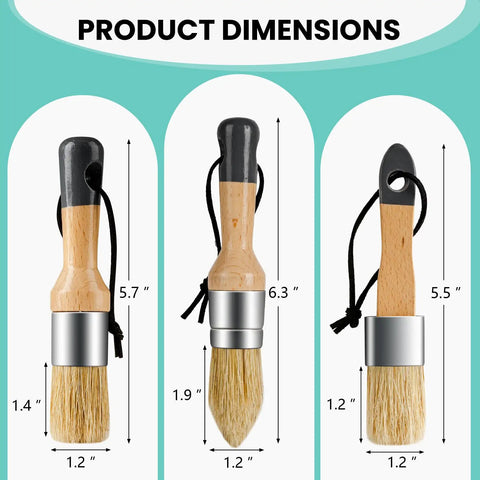 Super Slick Three Piece Chalk Wax Paint Brush Set For Furniture Makeovers displayed with product dimensions in inches.
