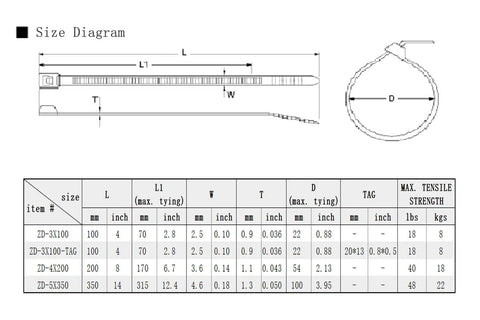 Size diagram for 8 Inch Zip Ties Nylon Cable Ties 120 PC Set in 6 Multi Colors 6.7 Inch Tie Length with measurements.