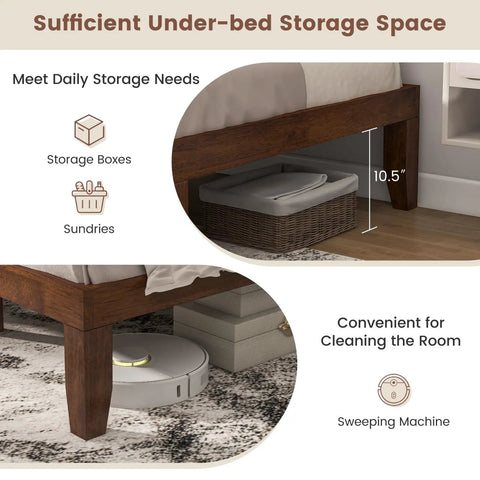 Rock Solid King Platform Bed Frame 14 Inch Profile Genuine Rubber Wood Heavy Duty Slat Support Premium Mattress Foundation No Box Spring Needed Hassle Free Setup Dark Walnut with under-bed storage space.