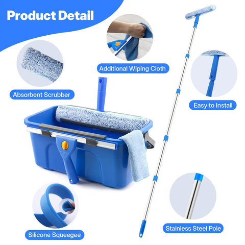 Pro Grade Window Cleaning Kit with bucket, squeegee, microfiber scrubber, and stainless steel pole, perfect for home and car windows.