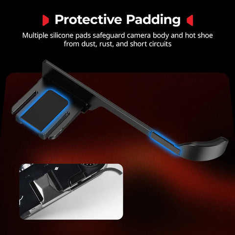 Fujifilm X Half Thumb Grip With Anti Slip Textured Surface And Built In Silicone Pads For Stable One Hand Handling Charcoal Silver Finish Easy Hot Shoe Mount showcasing protective padding and silicone pads.