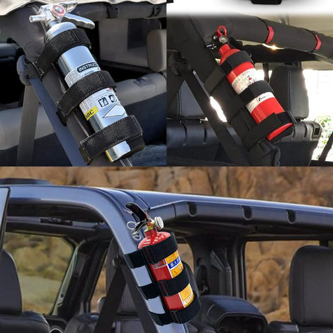 Roll Bar Fire Extinguisher Holder Mount For Jeep Wrangler JL YJ TJ JK CJ JKU JLU Gladiator JT Off Road Ready And Polaris Ranger RZR General RS1 Can Am Maverick X3 Adjustable Strap installed on Jeep with fire extinguishers.