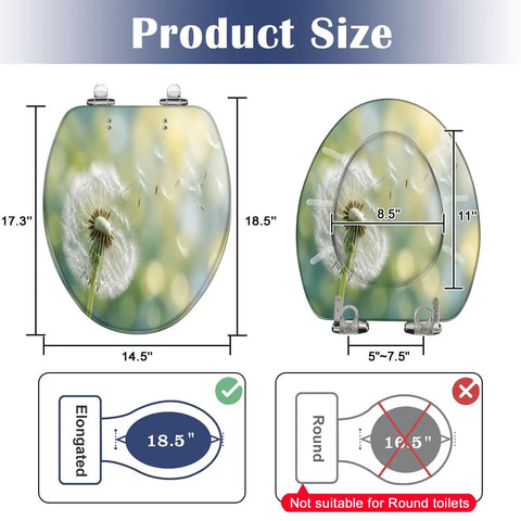 Elongated Dandelion clock morning sun Toilet Seat dimensions 18.5" x 14.5" with soft close feature for bathrooms.