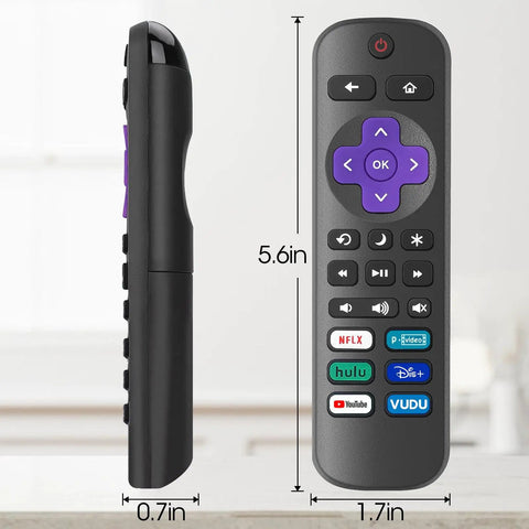Side and front view of Four Pack Replacement TV Remote For Roku TV, Easy Plug And Play Backups, 5.6in x 1.7in x 0.7in size