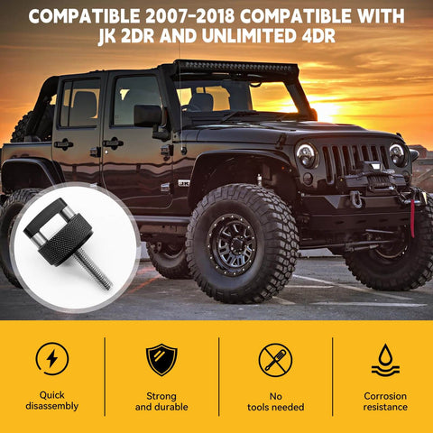 Black Jeep beside Quick Release Thumb Screw Jeep Hard Top Fastener Kit For Wrangler JK 2007 To 2018, JL 2018 To 2022 And Gladiator JT