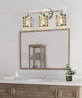 Three Light Brushed Nickel Vanity Light Fixture With Cylinder Crystal Shades Over Mirror Slick Modern Wall Sconce
