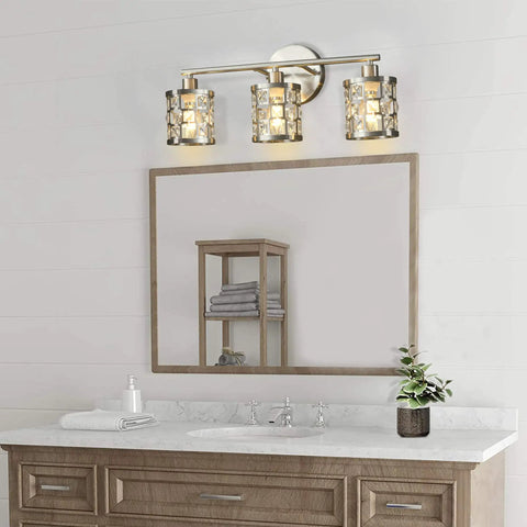 Three Light Brushed Nickel Vanity Light Fixture With Cylinder Crystal Shades Over Mirror Slick Modern Wall Sconce