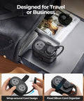 Compact Travel Power Strip With Four AC Outlets And A Four Foot Wrap Around Cord in a bag with organized cord design.