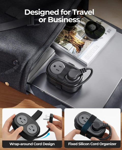 Compact Travel Power Strip With Four AC Outlets And A Four Foot Wrap Around Cord in a bag with organized cord design.