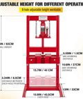 Front view of a red 6 Ton Hydraulic Shop Press with H Frame for auto bending and stamping, adjustable benchtop and floor press plates.