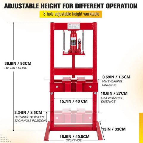 Front view of a red 6 Ton Hydraulic Shop Press with H Frame for auto bending and stamping, adjustable benchtop and floor press plates.
