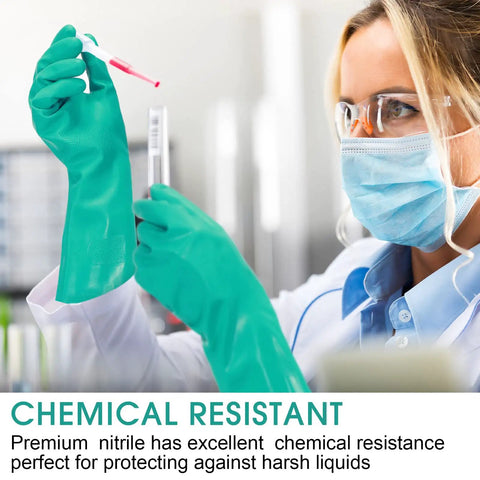 Heavy Duty 15 Mil Nitrile Gloves Twenty Pairs Pack Chemical Resistant X Large used in lab for handling chemicals.