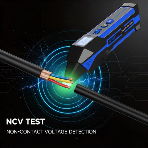 Dead Nuts Accurate Circuit Breaker Finder With Bright LCD Display detecting voltage on exposed wires with NCV test feature.