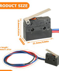 2 Pack Micro Limit Switch With Removable Lever SPDT 1 NO 1 NC 6A 12V DC or 5A 250V AC pre-wired with detailed dimensions shown