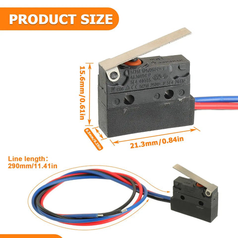 2 Pack Micro Limit Switch With Removable Lever SPDT 1 NO 1 NC 6A 12V DC or 5A 250V AC pre-wired with detailed dimensions shown