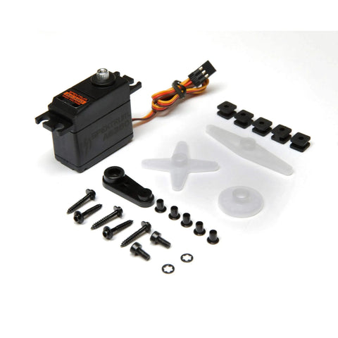 High Torque High Speed HV Standard RC Aircraft Servo with Metal Gears, dual bearings, coreless motor, and accessories visible.