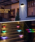 8 Pack Outdoor Solar Deck Lights Waterproof LED Step Lights For Patio, Stairs, Fence Posts, Pathway, Porch And Driveway No-Fuss Setup, Yard Garden Decor With Warm White And Color Glow Modes showing warm white and color lighting on steps.