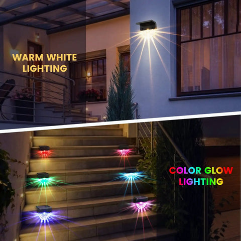 8 Pack Outdoor Solar Deck Lights Waterproof LED Step Lights For Patio, Stairs, Fence Posts, Pathway, Porch And Driveway No-Fuss Setup, Yard Garden Decor With Warm White And Color Glow Modes showing warm white and color lighting on steps.