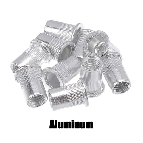 Bulk Pack of 10 Flat Head Threaded Rivet Nuts Made From Heavy Duty Zinc Plated Carbon Steel With Knurled Locking Body For Fasteners And Professional Hardware Projects, detailed view of threaded rivet nuts.