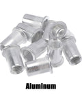 Get These 10 Pcs Flat Head Threaded Insert Rivet Nuts With Knurled Body That Rock On Any Metal Project For Pros And DIY Guys Who Need M6 Fasteners With Zinc Plated Steel Strength, aluminum rivet nuts in silver.