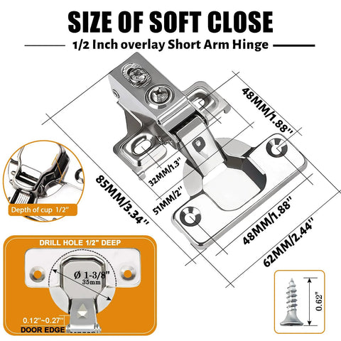 Front view of a stainless steel concealed kitchen cabinet hinge with soft-close, 1/2 in overlay, 100-degree opening.