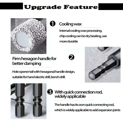 Infographic of Mgtgbao 6pc 3/8in dry diamond drill bits set with hex shank, cooling wax and quick-connect rod.