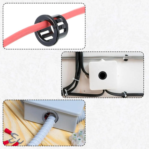 50 Pack Black Snap Bushing for Half Inch Knockouts demonstrating cable protection in electrical setups.