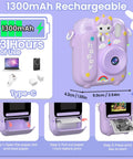 Totally Fun Kids Instant Print Camera With 1080P HD Photo Quality And On The Go Printing In Five Color Options For Playful Everyday Moments And Keepsakes Your Family Will Forever Love. Purple unicorn camera, 11cm tall, Type-C rechargeable, 1300mAh.
