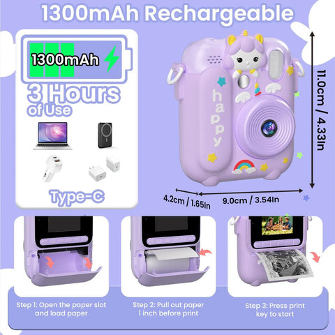 Totally Fun Kids Instant Print Camera With 1080P HD Photo Quality And On The Go Printing In Five Color Options For Playful Everyday Moments And Keepsakes Your Family Will Forever Love. Purple unicorn camera, 11cm tall, Type-C rechargeable, 1300mAh.