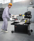 Heavy Duty Metal Horizontal Band Saw Built For Boss Level Tough Metal Wood And Plastic Cutting with worker in workshop