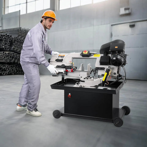Heavy Duty Metal Horizontal Band Saw Built For Boss Level Tough Metal Wood And Plastic Cutting with worker in workshop