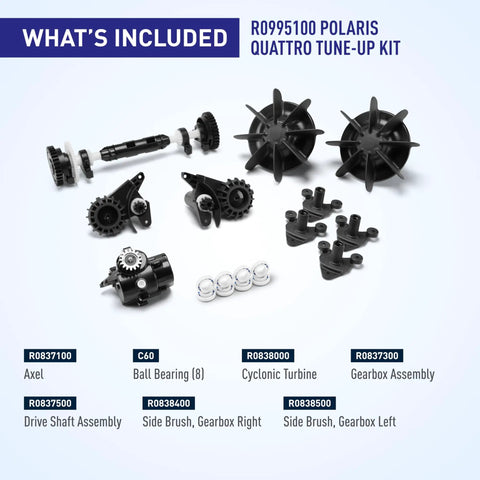 Quattro Sport Tune Up Kit with drive shaft and gear box assemblies showing axles, bearings, turbines for Quattro P40 and Q4000.